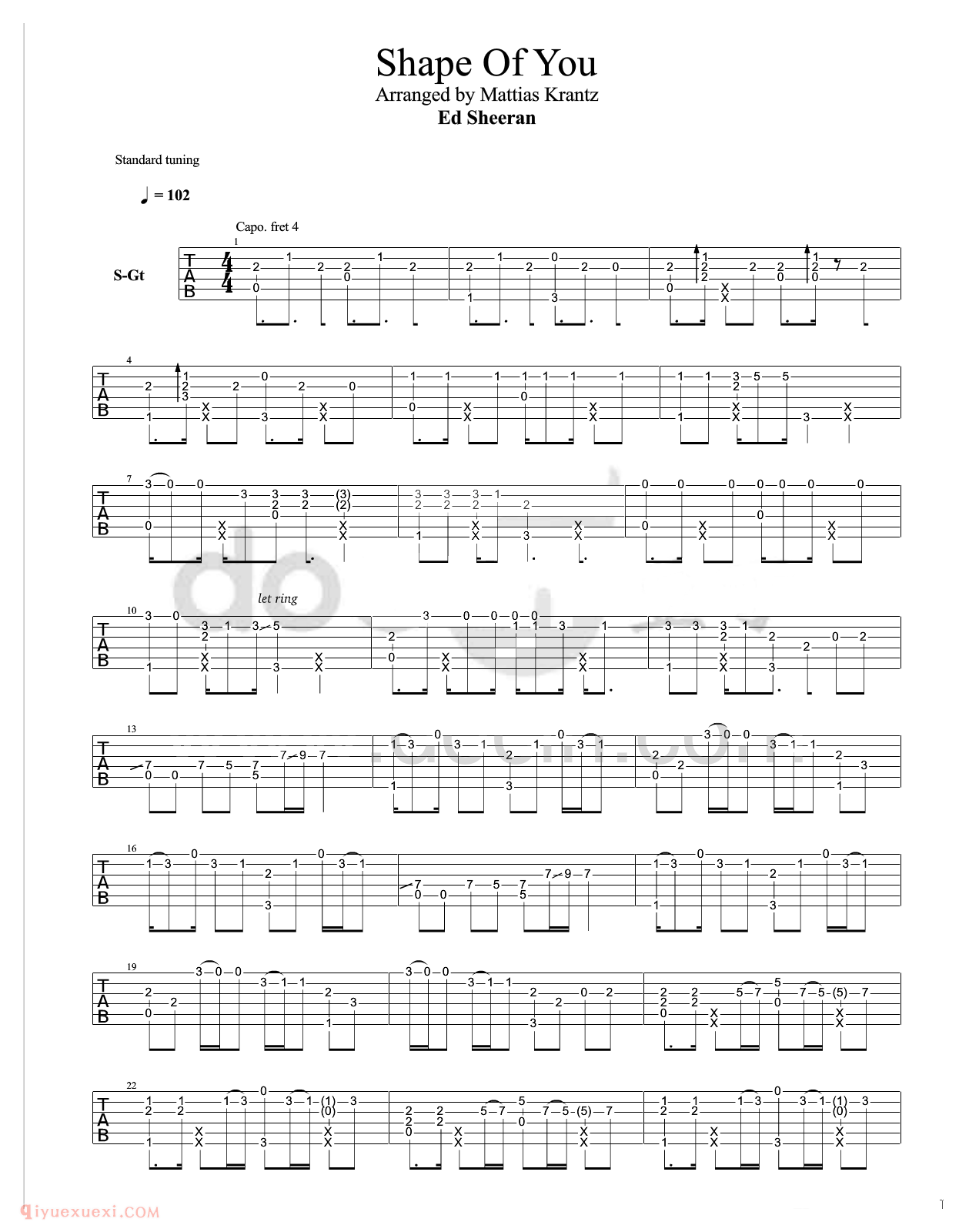 Ed Sheeran《Shape of you》吉他指弹独奏谱及视频示范
