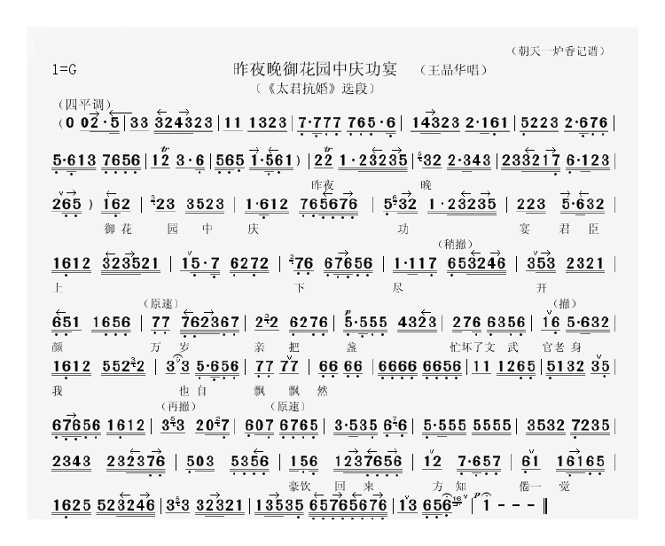 京剧曲谱：昨夜晚御花园中庆功宴（王晶华唱）
