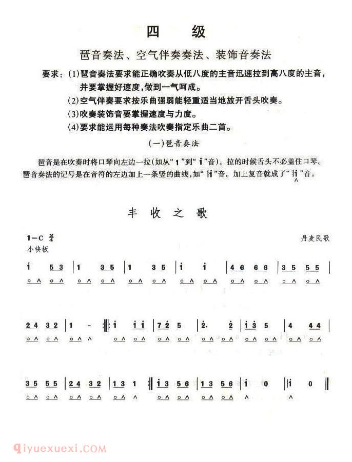 口琴四级考级曲目【丰收之歌】简谱 