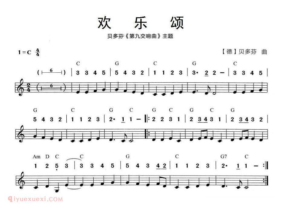 口琴乐谱【欢乐颂 贝多芬第九交响曲主题】线简谱混排版