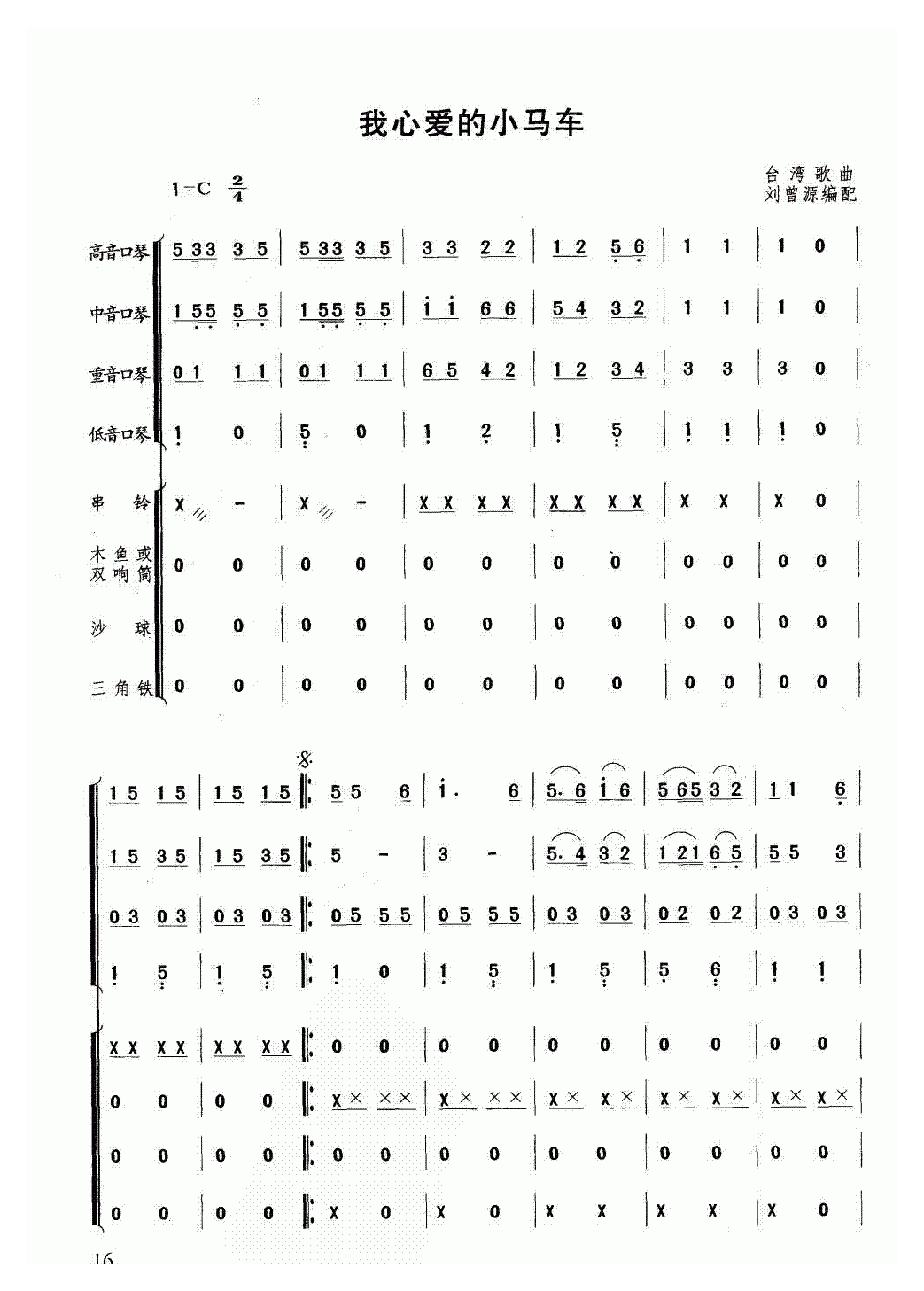 口琴乐谱【我心爱的小马车 合奏】简谱