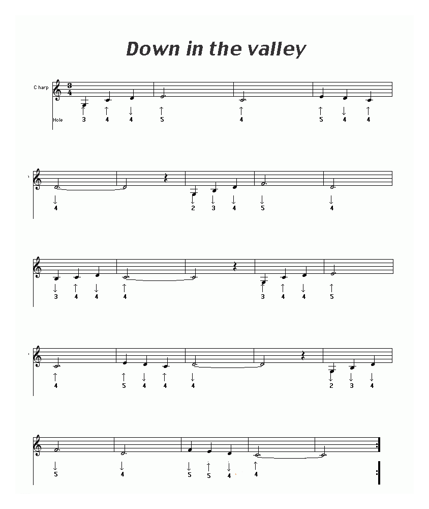 布鲁斯口琴谱【Down in the valley】简谱