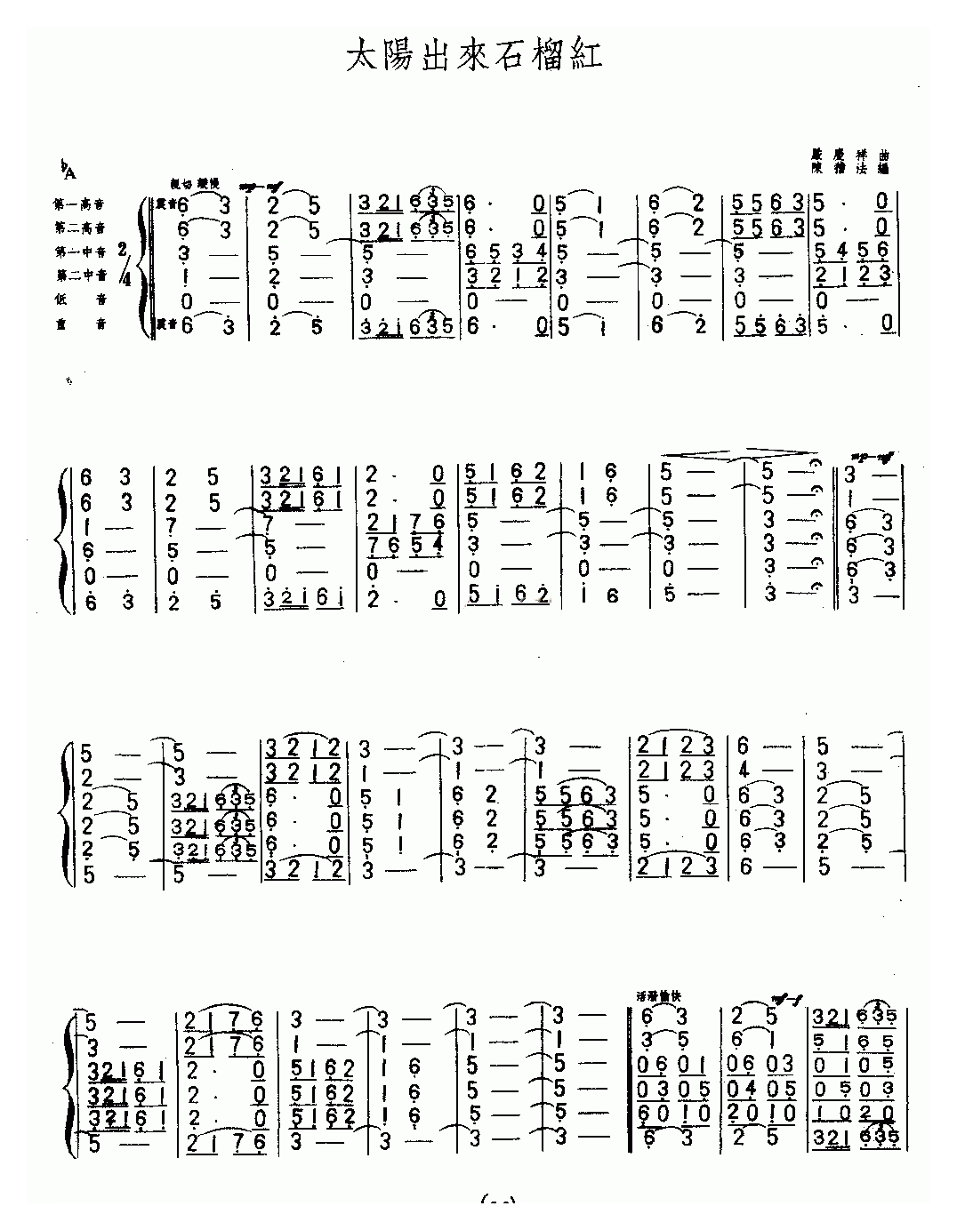 口琴乐谱【太阳出来石榴红】六重奏简谱