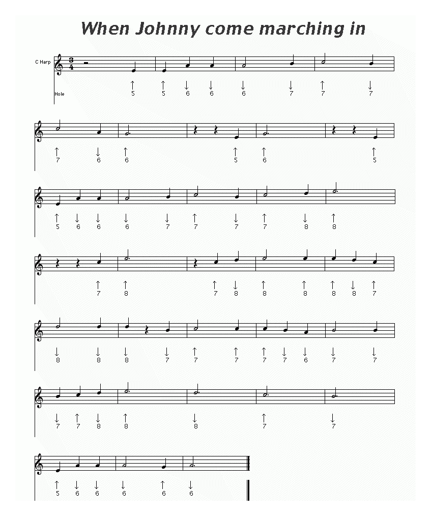 布鲁斯口琴谱【when johnny come marching in】五线谱