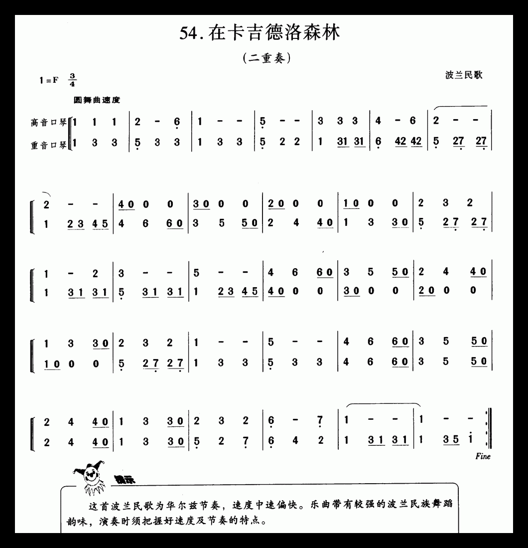 口琴乐谱【在卡吉德洛森林 波兰民歌】二重奏简谱