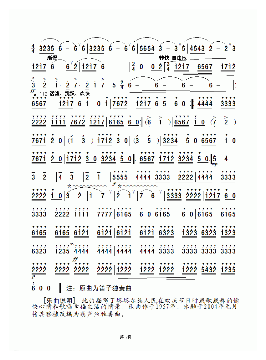 葫芦丝乐曲【塔塔尔族舞曲】简谱