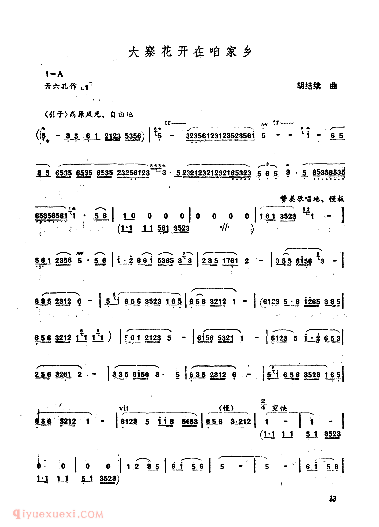 洞箫乐谱【大寨花开咱家乡】五线谱
