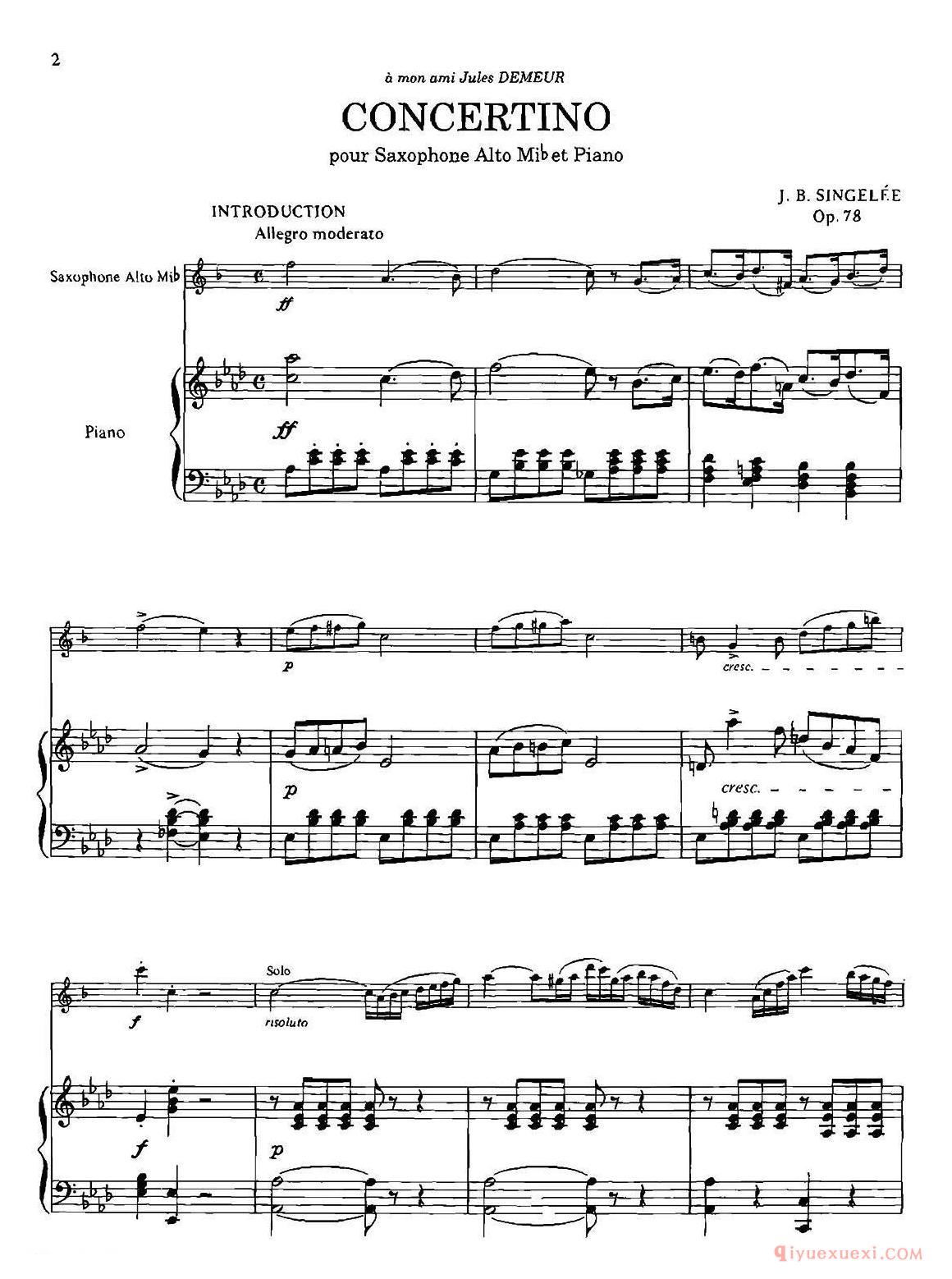 萨克斯乐谱【CONCERTino Op.78 萨克斯+钢琴伴奏】五线谱