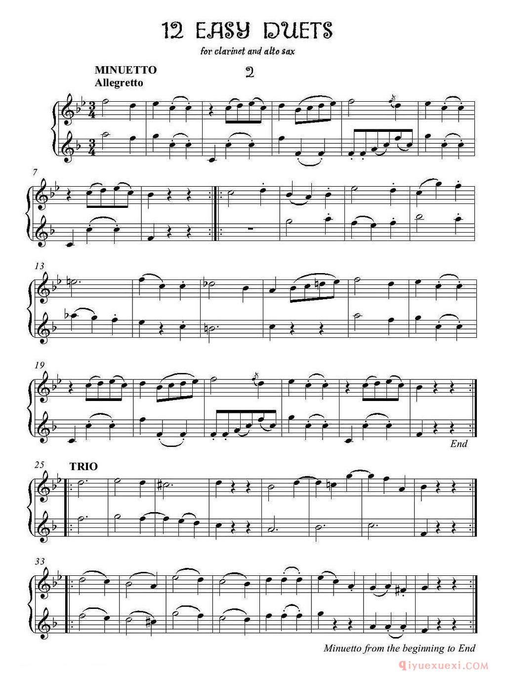 萨克斯谱【12首单簧管萨克斯重奏之二】五线谱