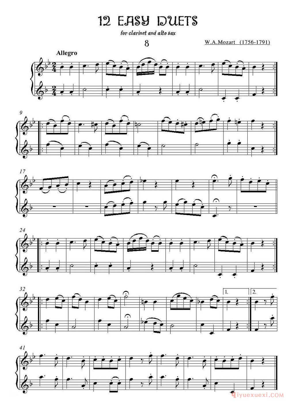 萨克斯谱【12首单簧管萨克斯重奏之八】五线谱