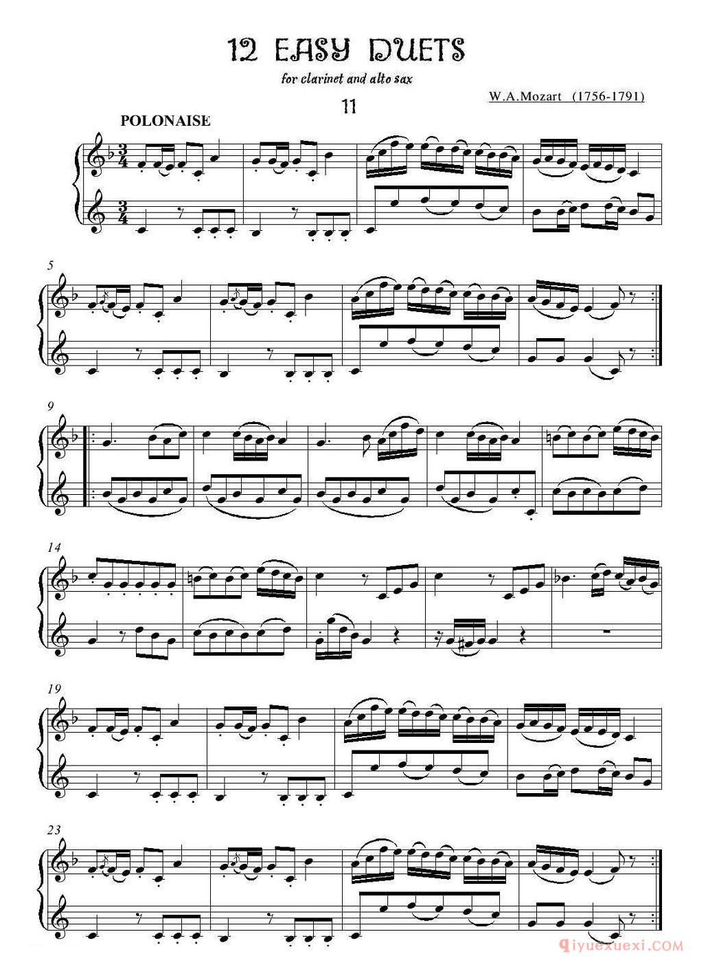 萨克斯谱【12首单簧管萨克斯重奏之十一】五线谱