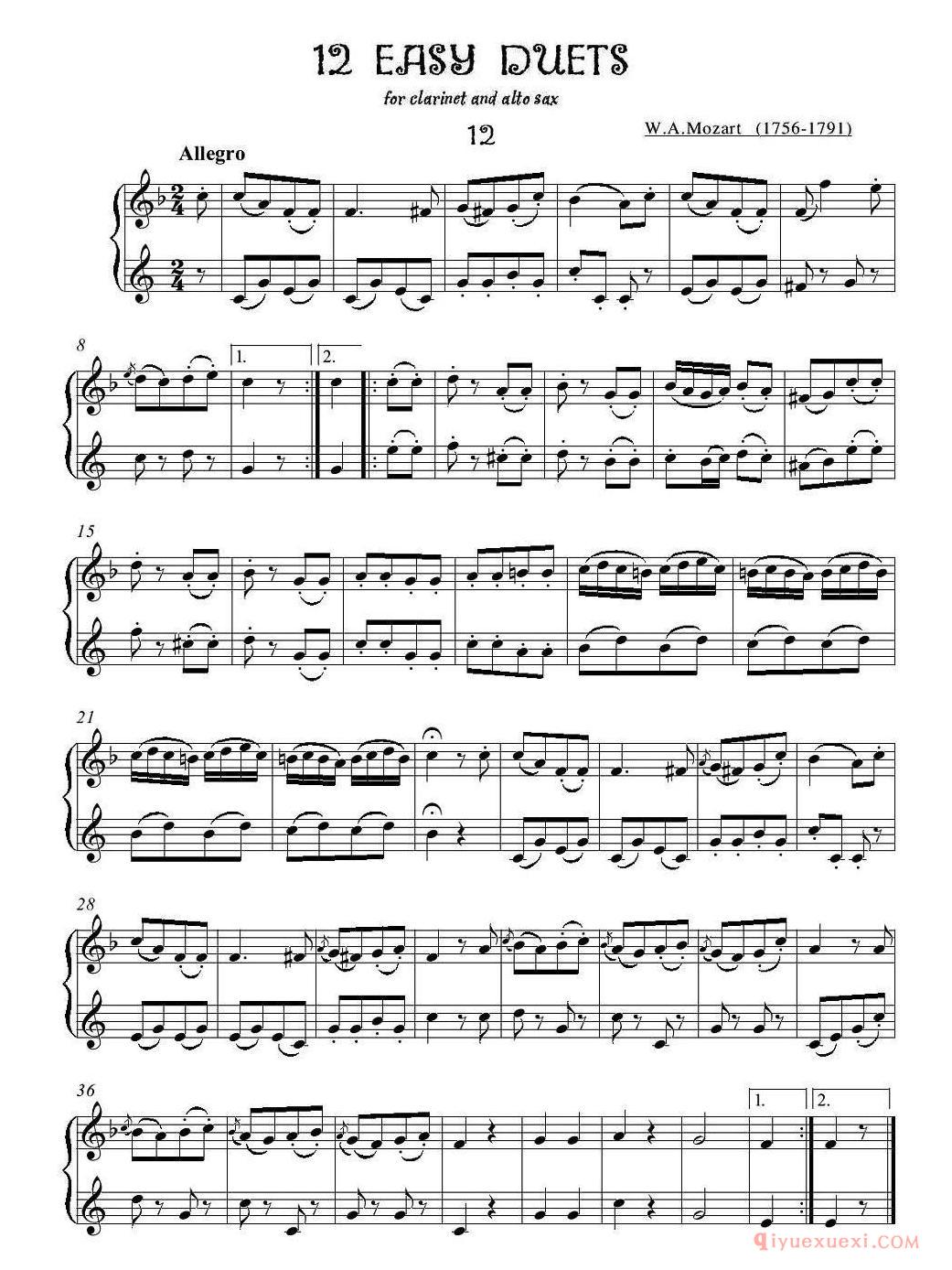 萨克斯谱【12首单簧管萨克斯重奏之十二】五线谱