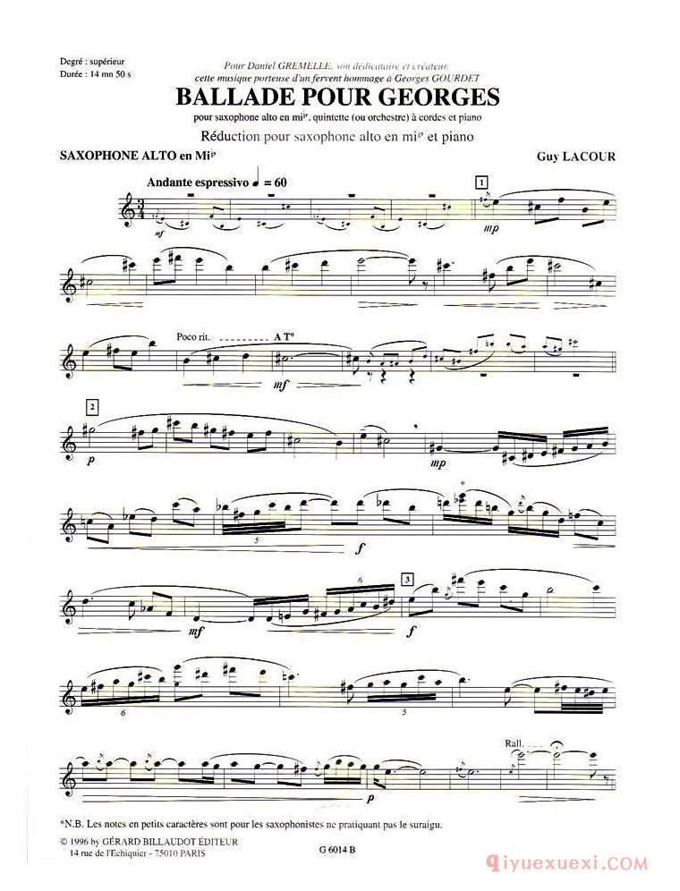萨克斯谱《Ballade Pour Georges》五线谱