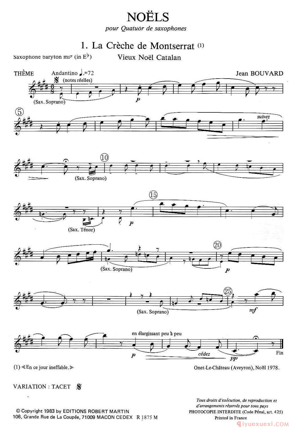 jean Bouvard 编写的6首萨克斯四重奏（低音萨克斯分谱）