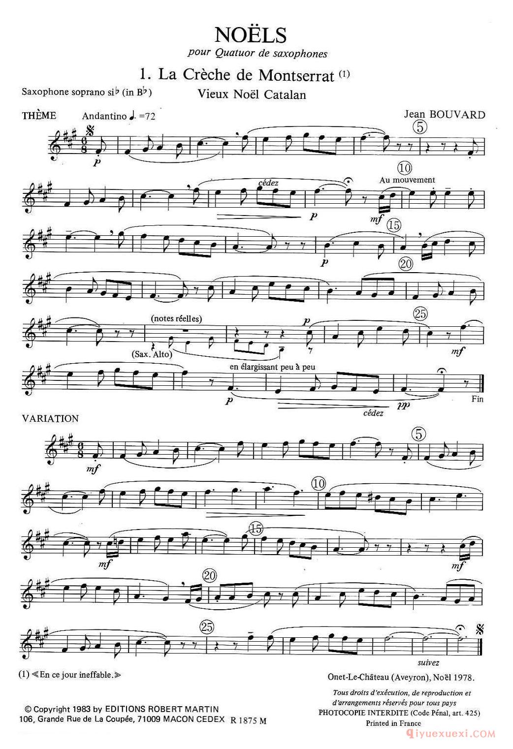 jean Bouvard 编写的6首萨克斯四重奏（高音萨克斯分谱）
