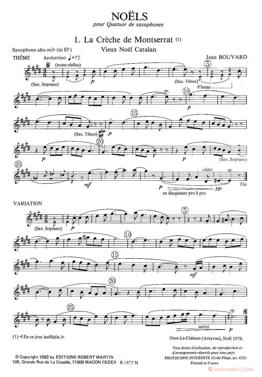 jean Bouvard 编写的6首萨克斯四重奏（中音萨克斯分谱）