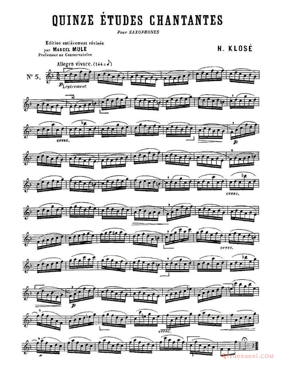 萨克斯练习曲谱《Klose Etudes Chantantes Pour Saxophone练习曲(1-15)》五线谱