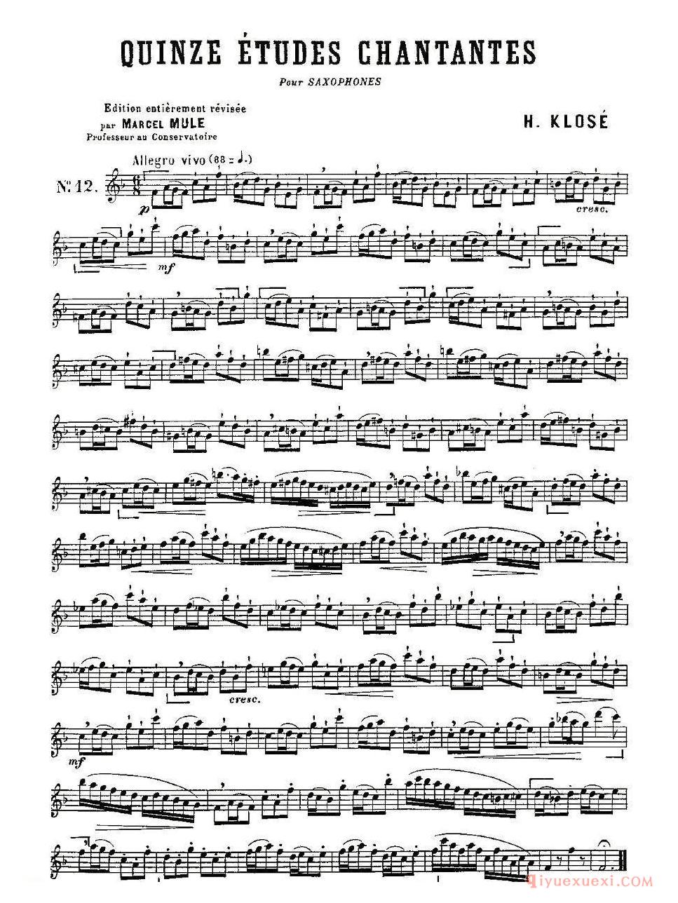 萨克斯练习曲谱《Klose Etudes Chantantes Pour Saxophone练习曲(1-15)》五线谱