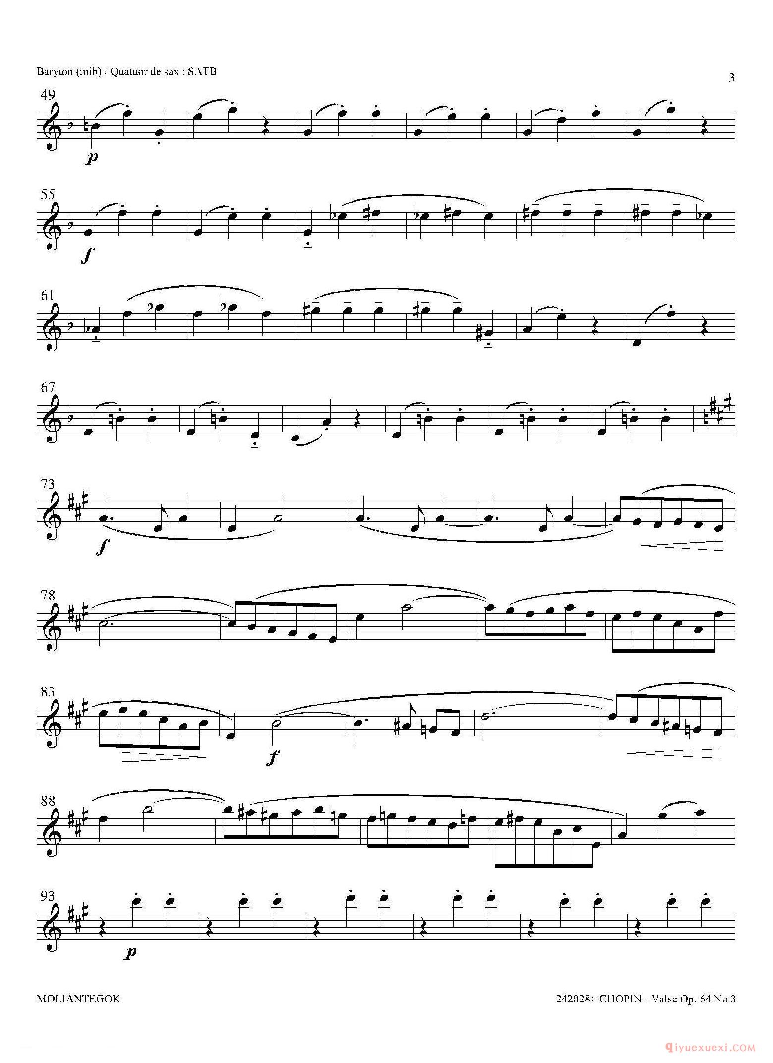 降A大调圆舞曲 Op.64 No.3（四重奏上低音萨克斯分谱）