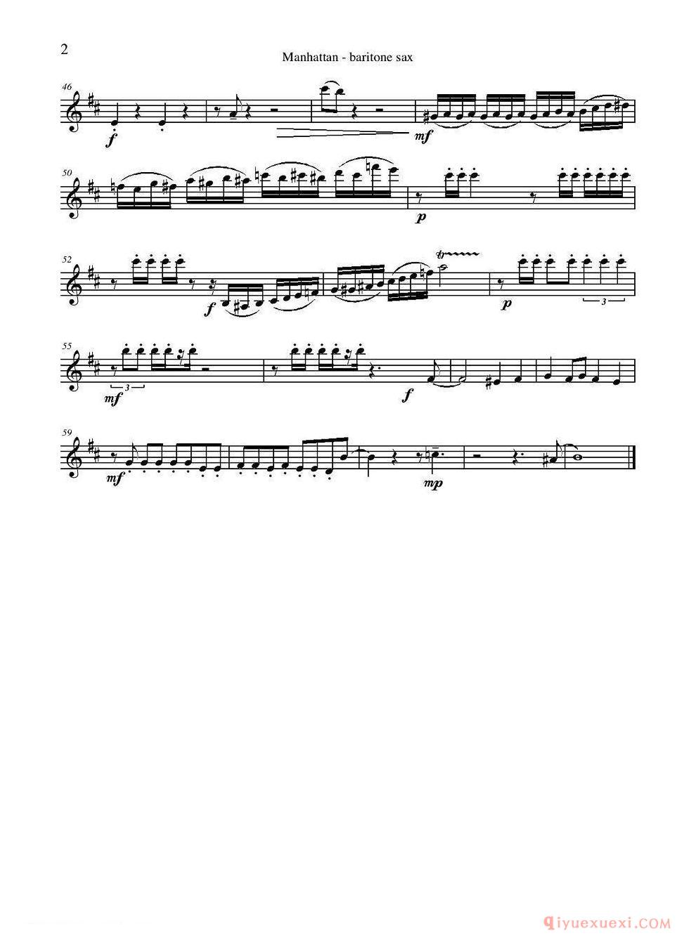 萨克斯谱《Manhattan Baritone Sax 四重奏上低音萨克斯分谱》五线谱