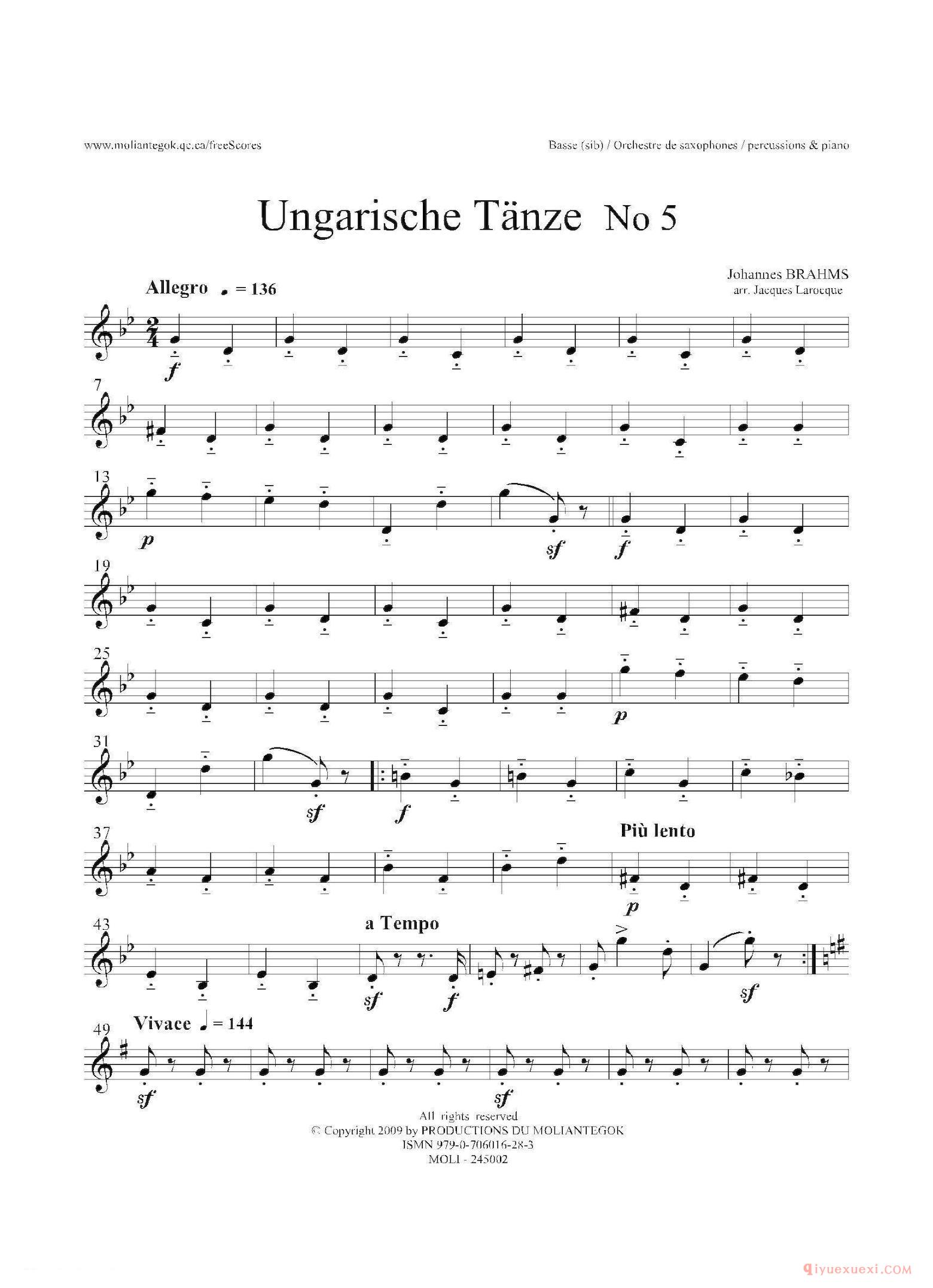 Ungarische Tnze No 5 十五重奏Basse分谱