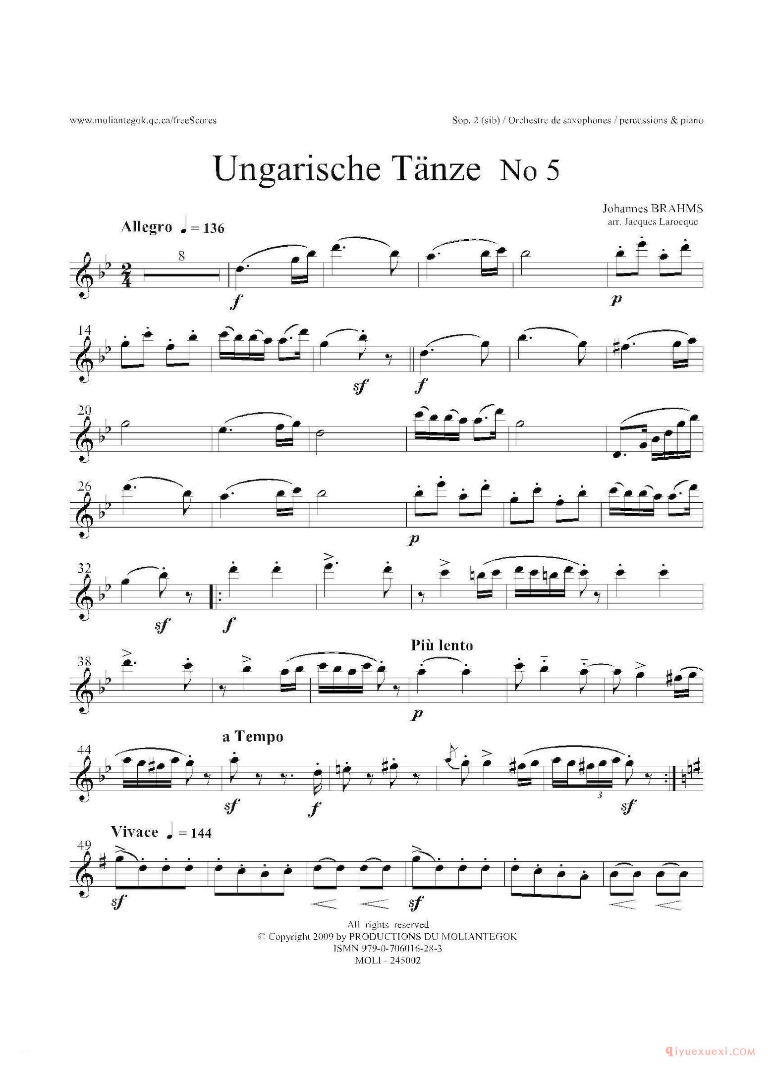 Ungarische Tnze No 5（十五重奏Sop.1-2​分谱）