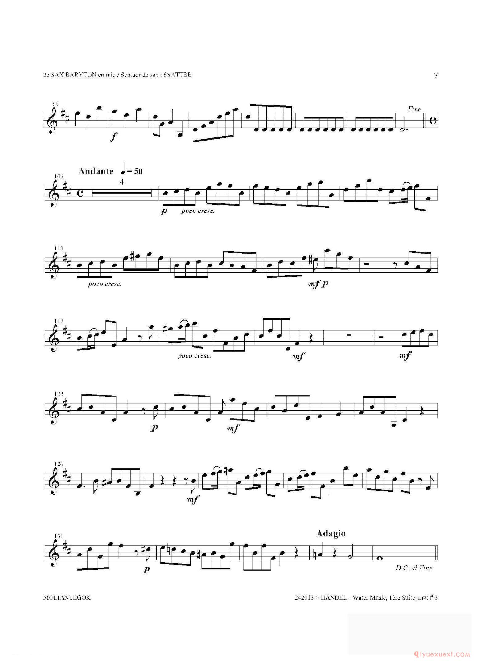 萨克斯乐谱[Water Music（HWV.348 No.1） 第二上低音萨克斯]五线谱