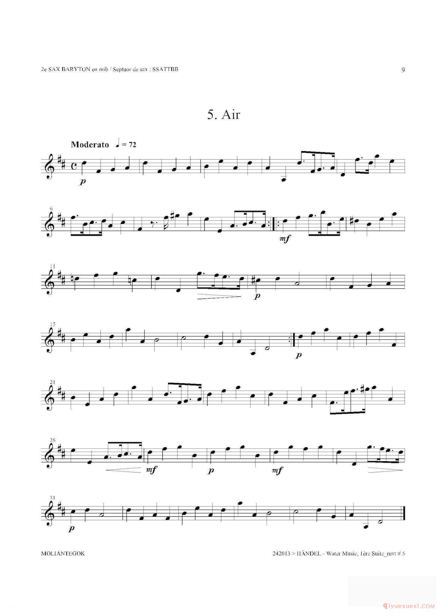 萨克斯乐谱[Water Music（HWV.348 No.1） 第二上低音萨克斯]五线谱