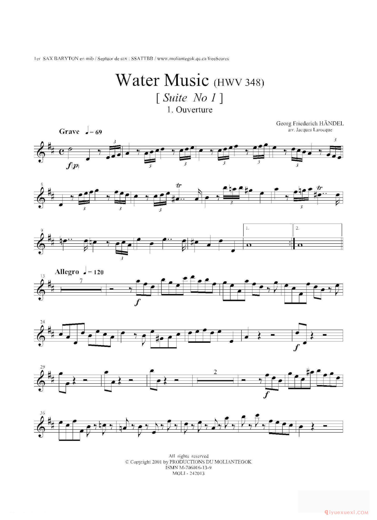 萨克斯乐谱[Water Music（HWV.348 No.1）第一上低音萨克斯]五线谱