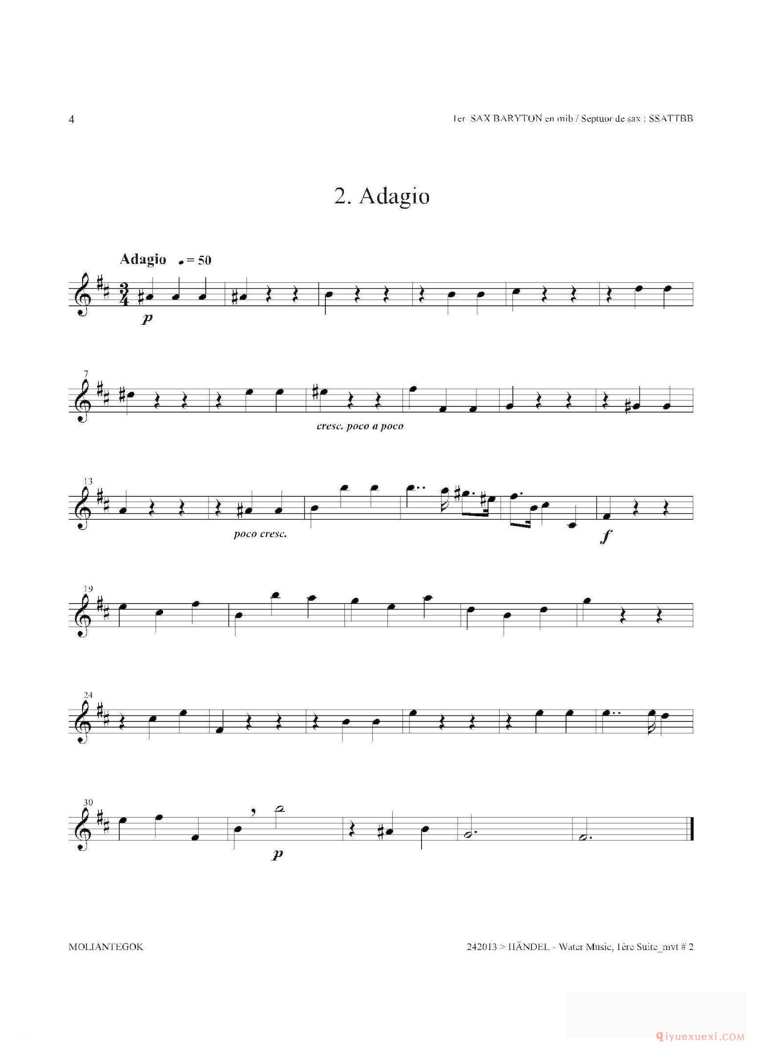 萨克斯乐谱[Water Music（HWV.348 No.1）第一上低音萨克斯]五线谱