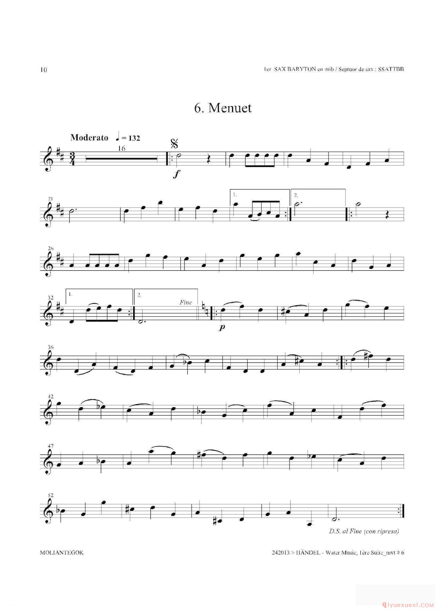 萨克斯乐谱[Water Music（HWV.348 No.1）第一上低音萨克斯]五线谱