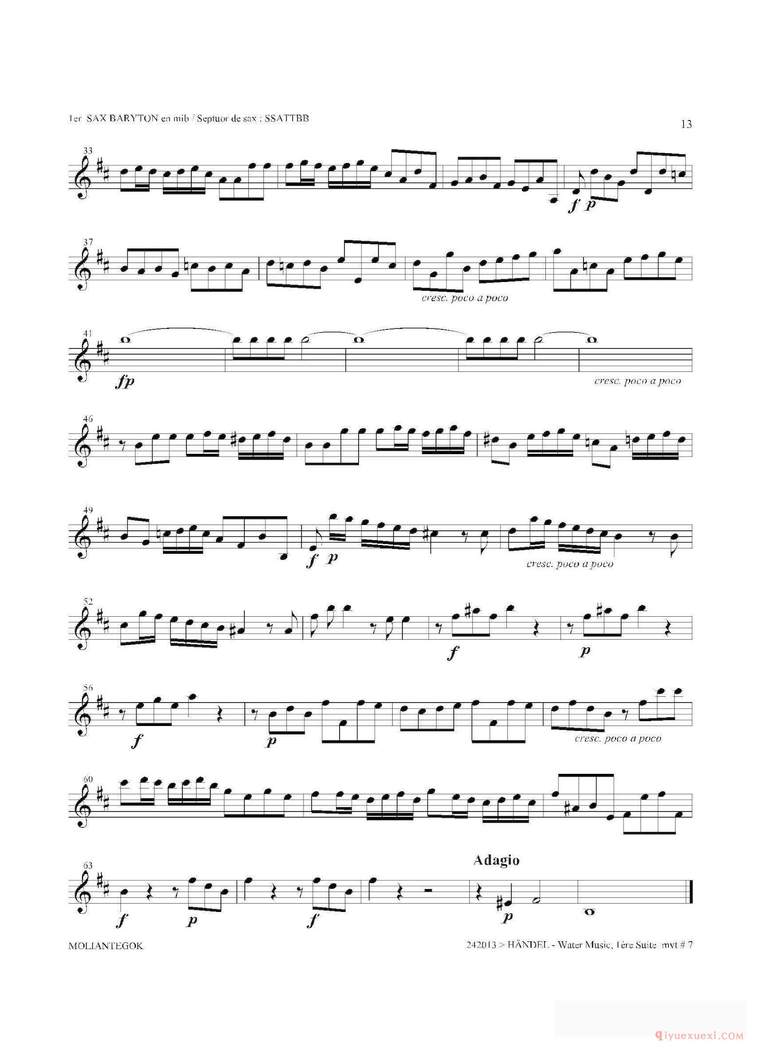 萨克斯乐谱[Water Music（HWV.348 No.1）第一上低音萨克斯]五线谱