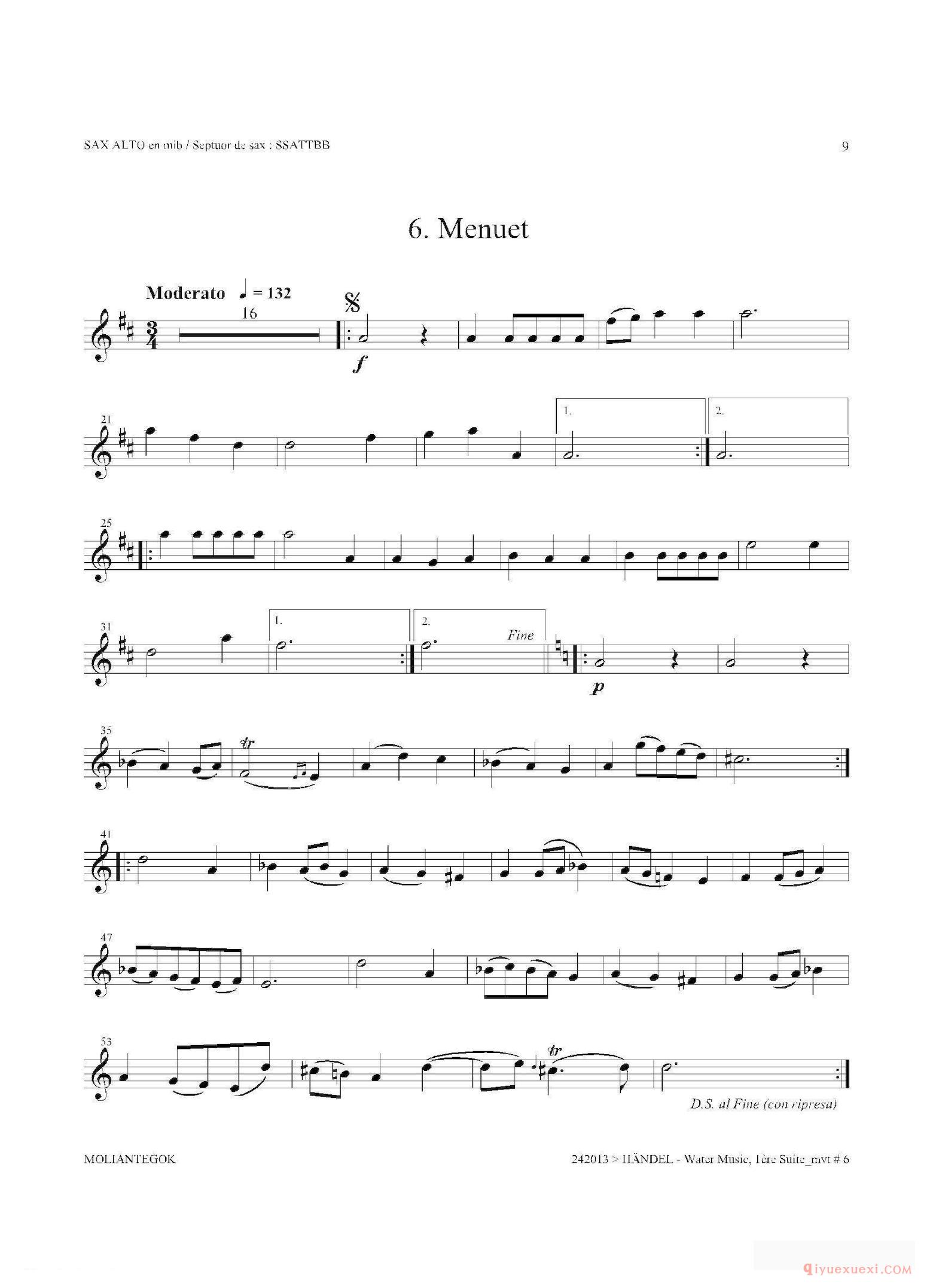 萨克斯乐谱[Water Music（HWV.348 No.1）中音萨克斯]五线谱