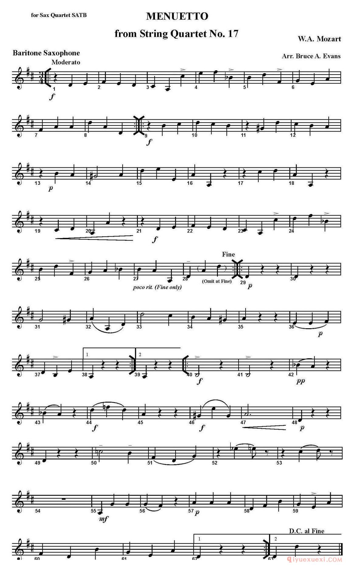 MENUETTO from String Quartet No.17（四重奏·次中音萨克斯分谱）