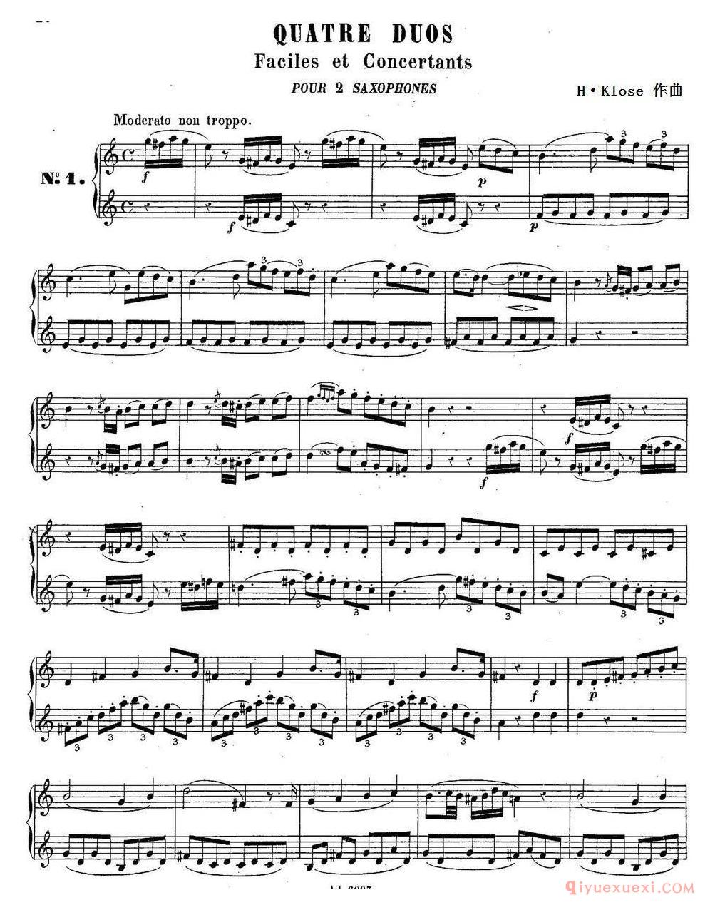 H·Klose练习曲（Quatre Duos Faciles et Concertants Pour 2 Saxophones—No.1）