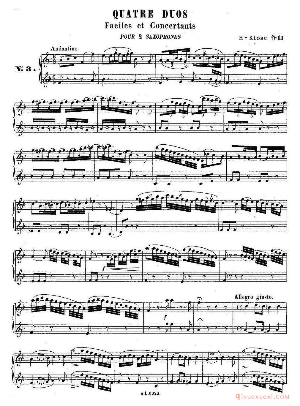 H·Klose练习曲（Quatre Duos Faciles et Concertants Pour 2 Saxophones—No.3）