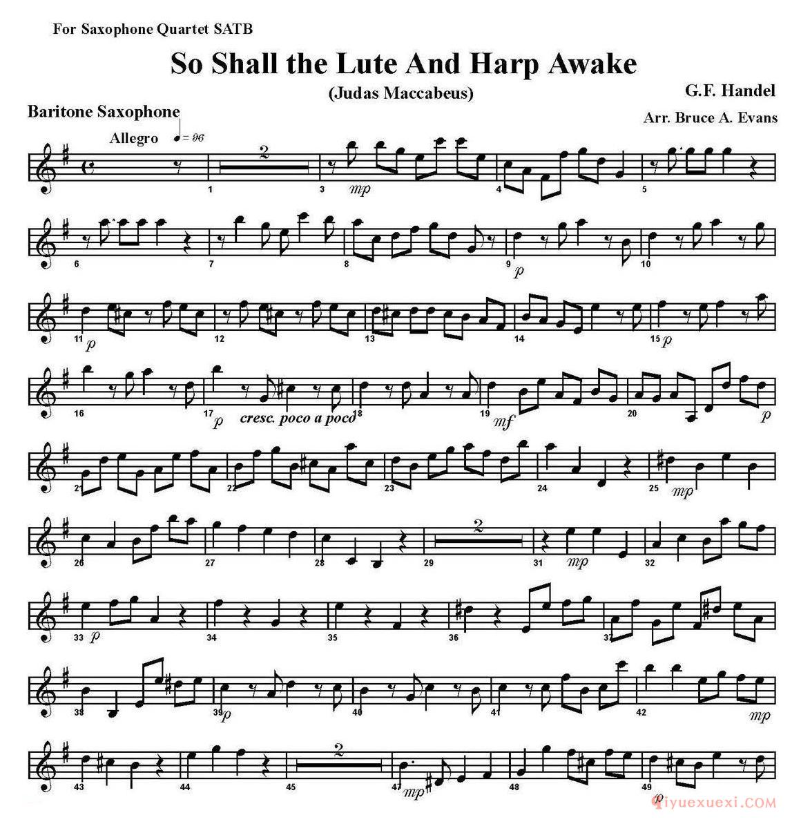 四重奏·上低音萨克斯分谱[So Shall the Lute And Harp Awake]