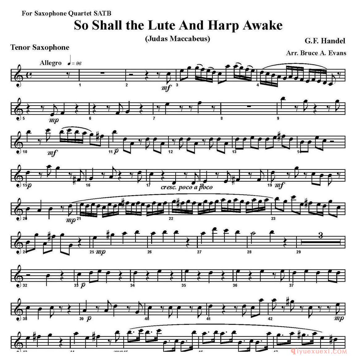 四重奏·次中音萨克斯分谱[So Shall the Lute And Harp Awake]