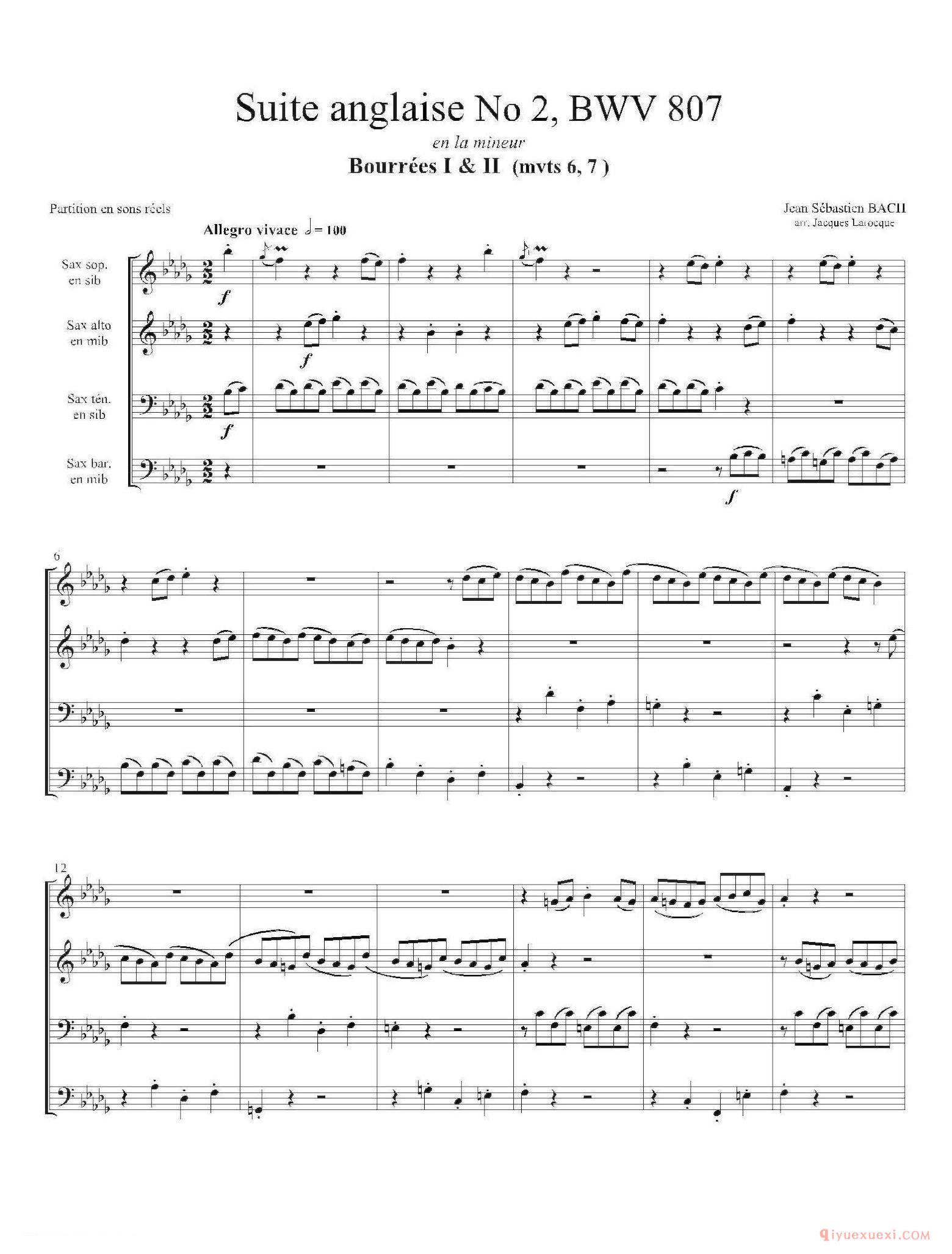 法国组曲之二·布列舞曲[Suite anglaise No 2,BWV 807]四重奏总谱