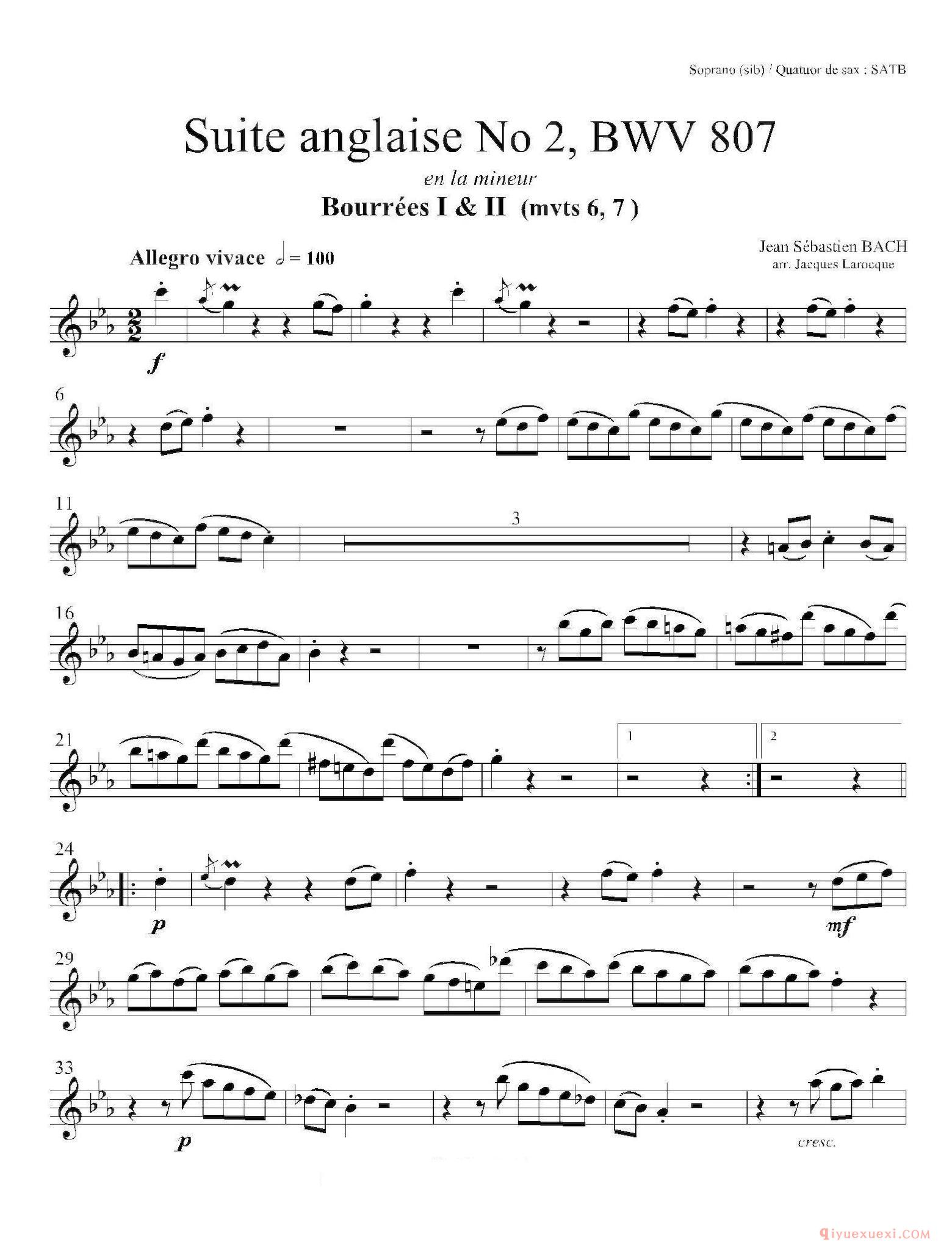 法国组曲之二·布列舞曲[Suite anglaise No 2,BWV 807]高音萨克斯分谱