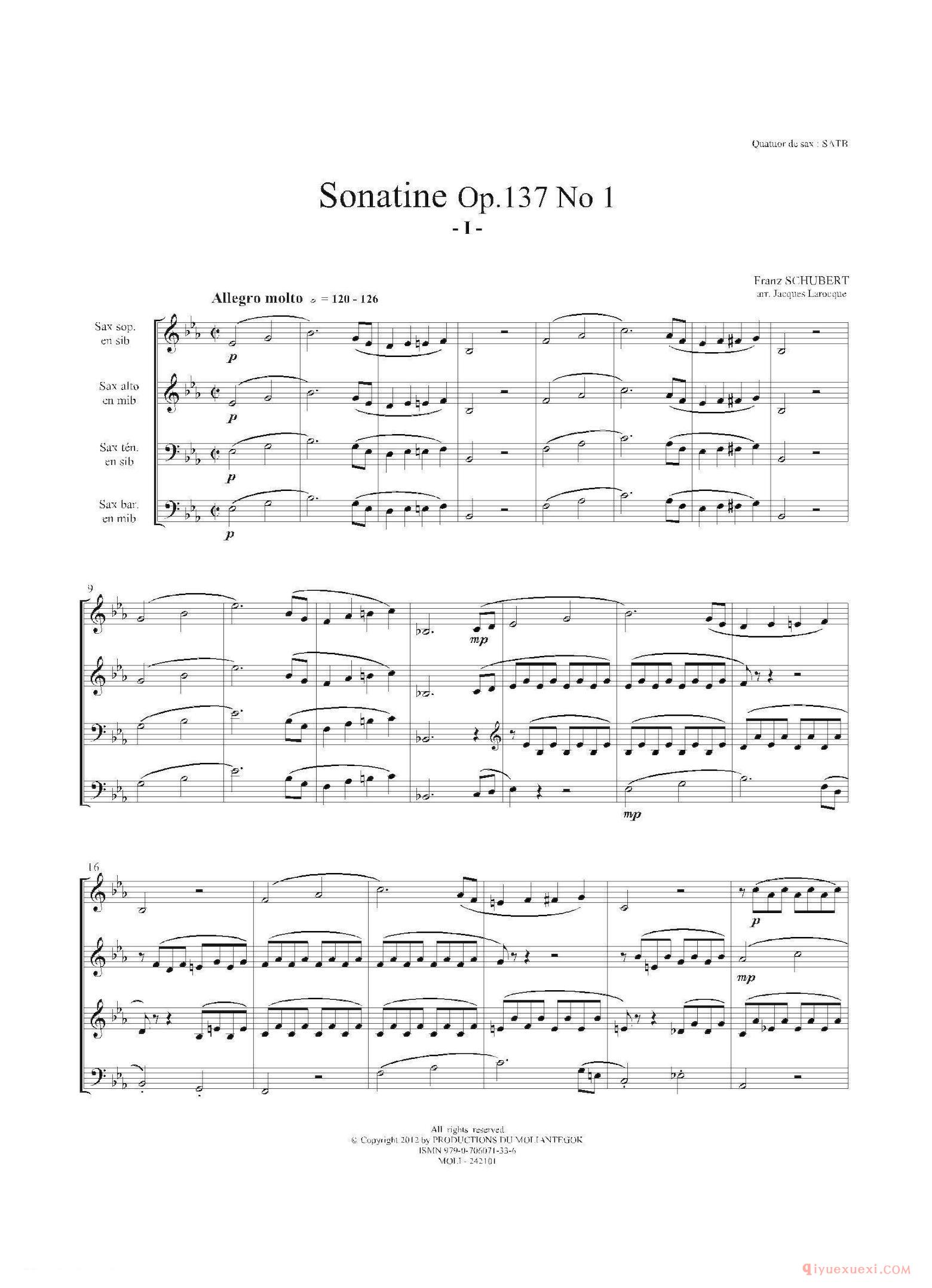 萨克斯谱[Sonatine Op.137 No 1]四重奏总谱