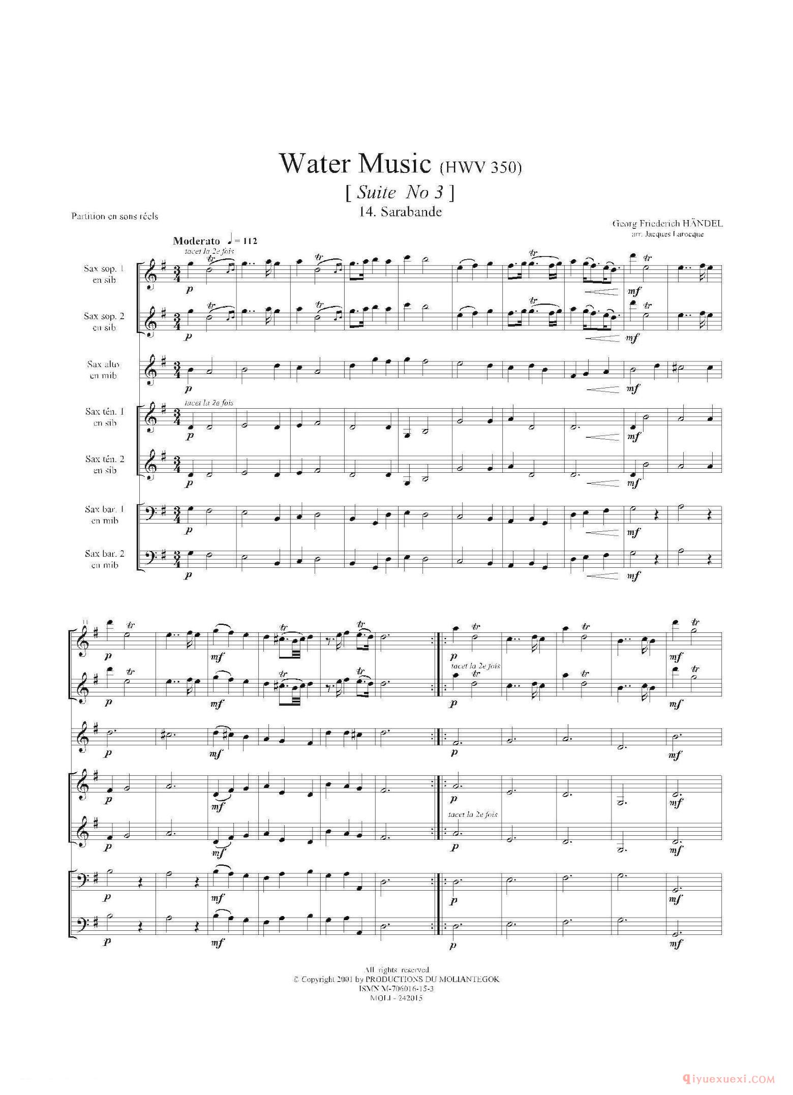 萨克斯合奏总谱[Water Music/HWV.350 No.3]