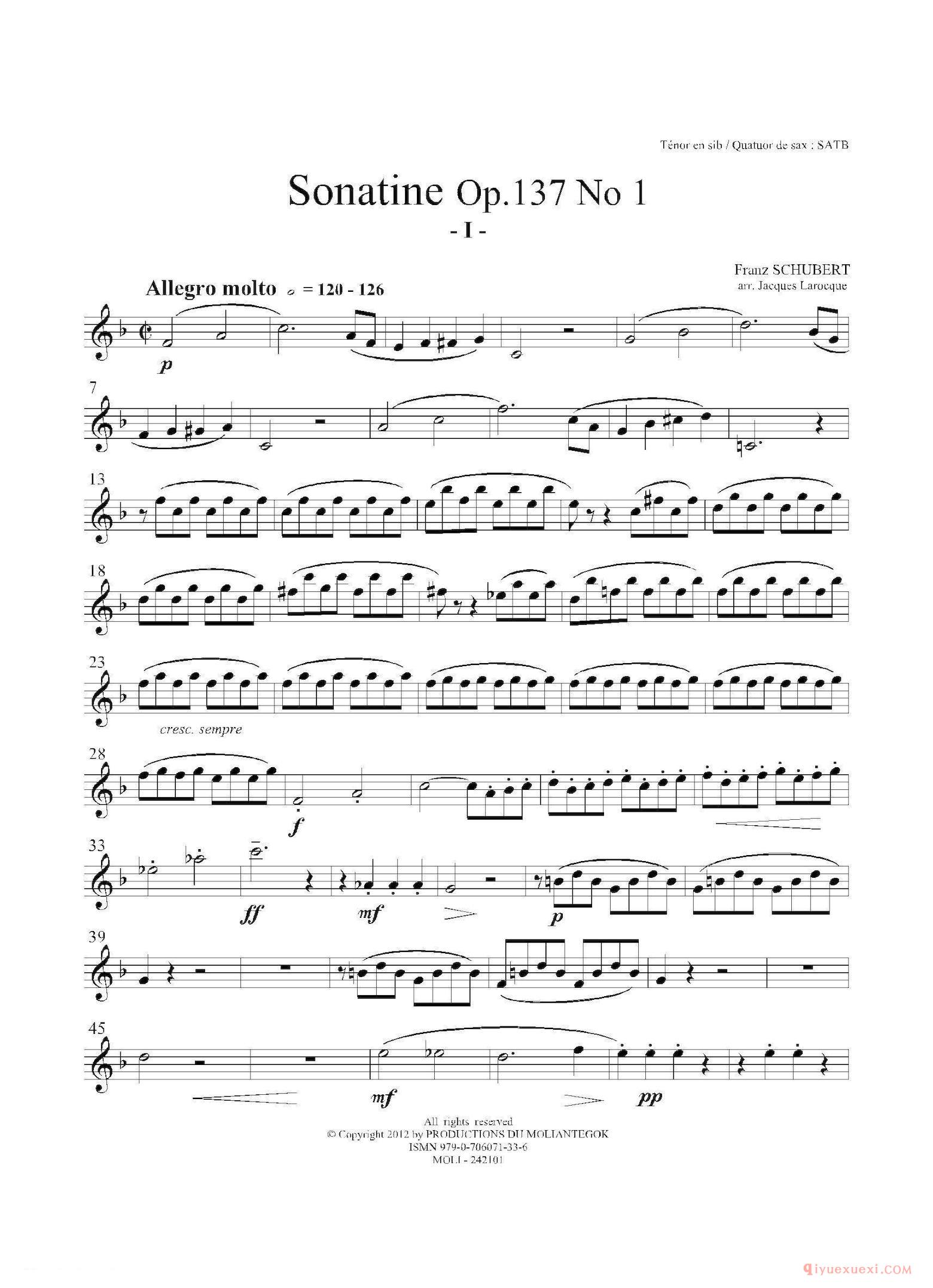 次中音萨克斯分谱[Sonatine Op.137 No 1]四重奏