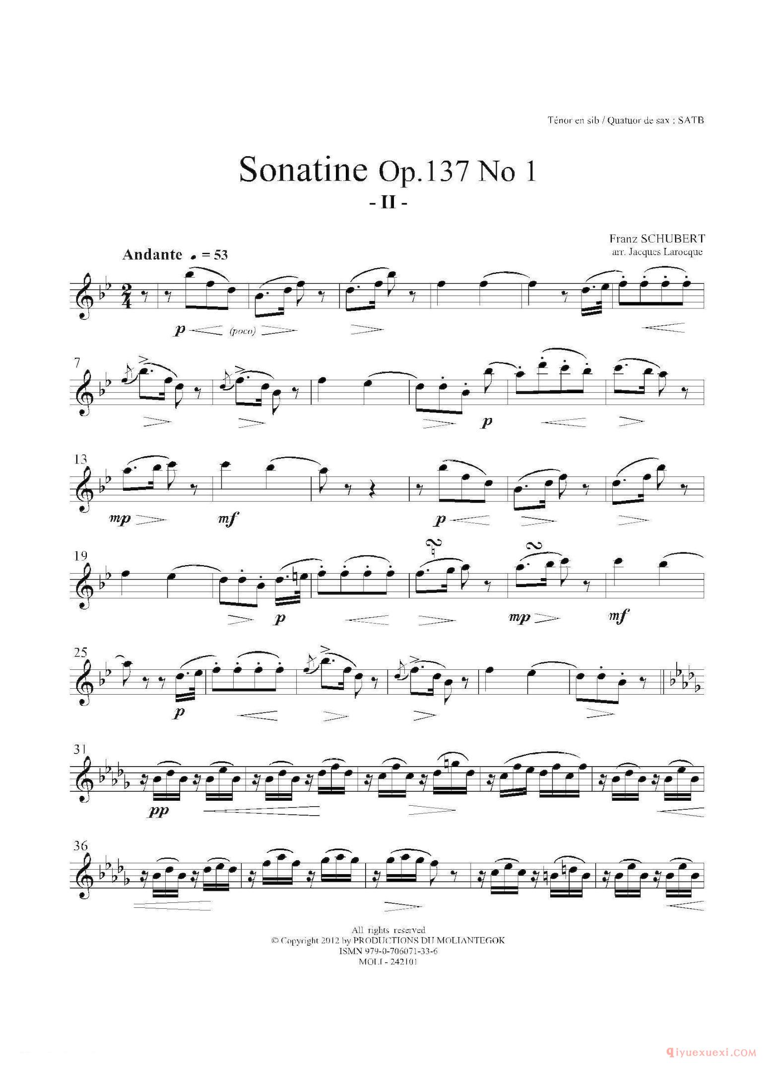 次中音萨克斯分谱[Sonatine Op.137 No 1]四重奏