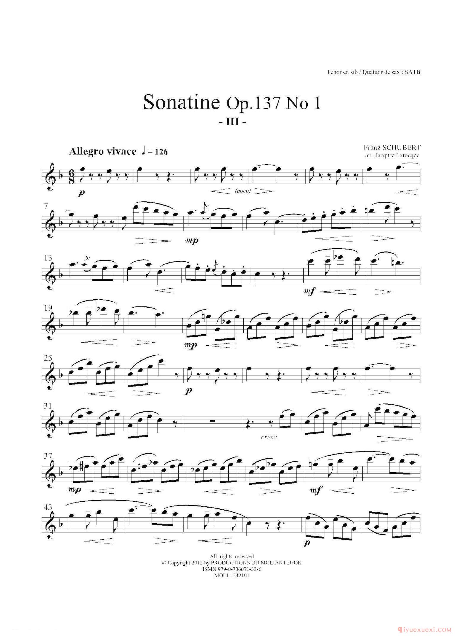 次中音萨克斯分谱[Sonatine Op.137 No 1]四重奏