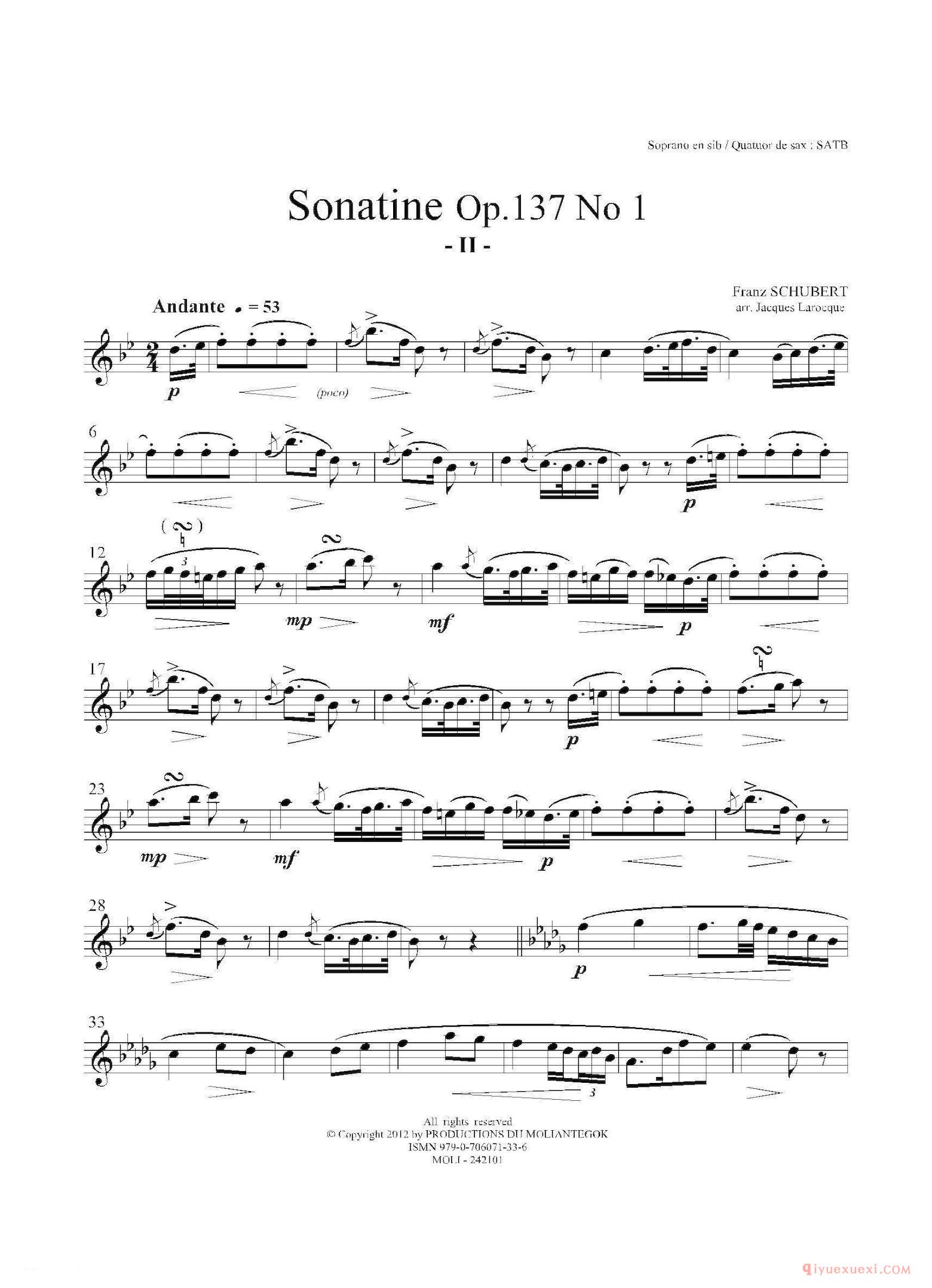 高音萨克斯分谱[Sonatine Op.137 No 1]四重奏