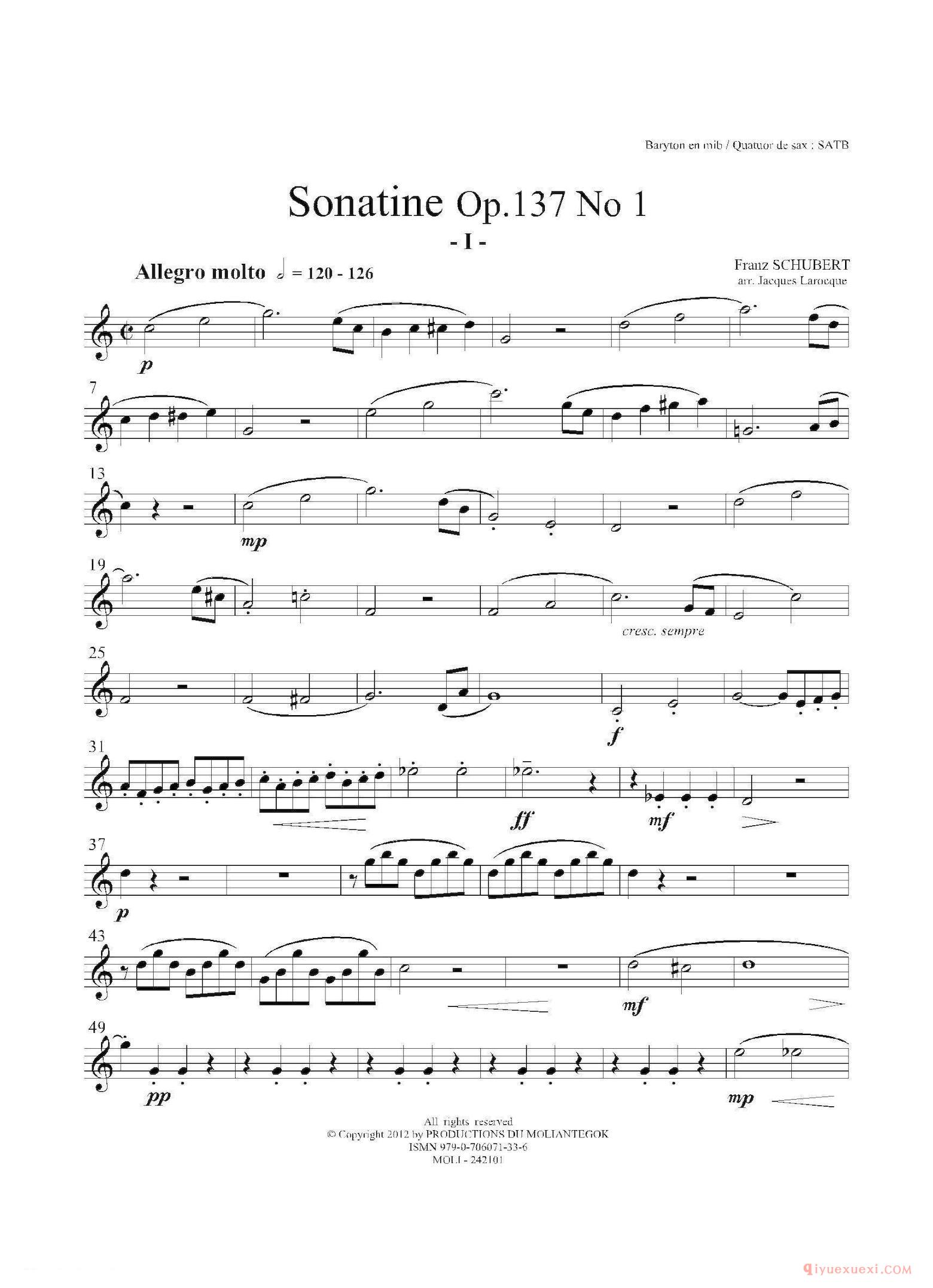 上低音萨克斯分谱[Sonatine Op.137 No 1]四重奏