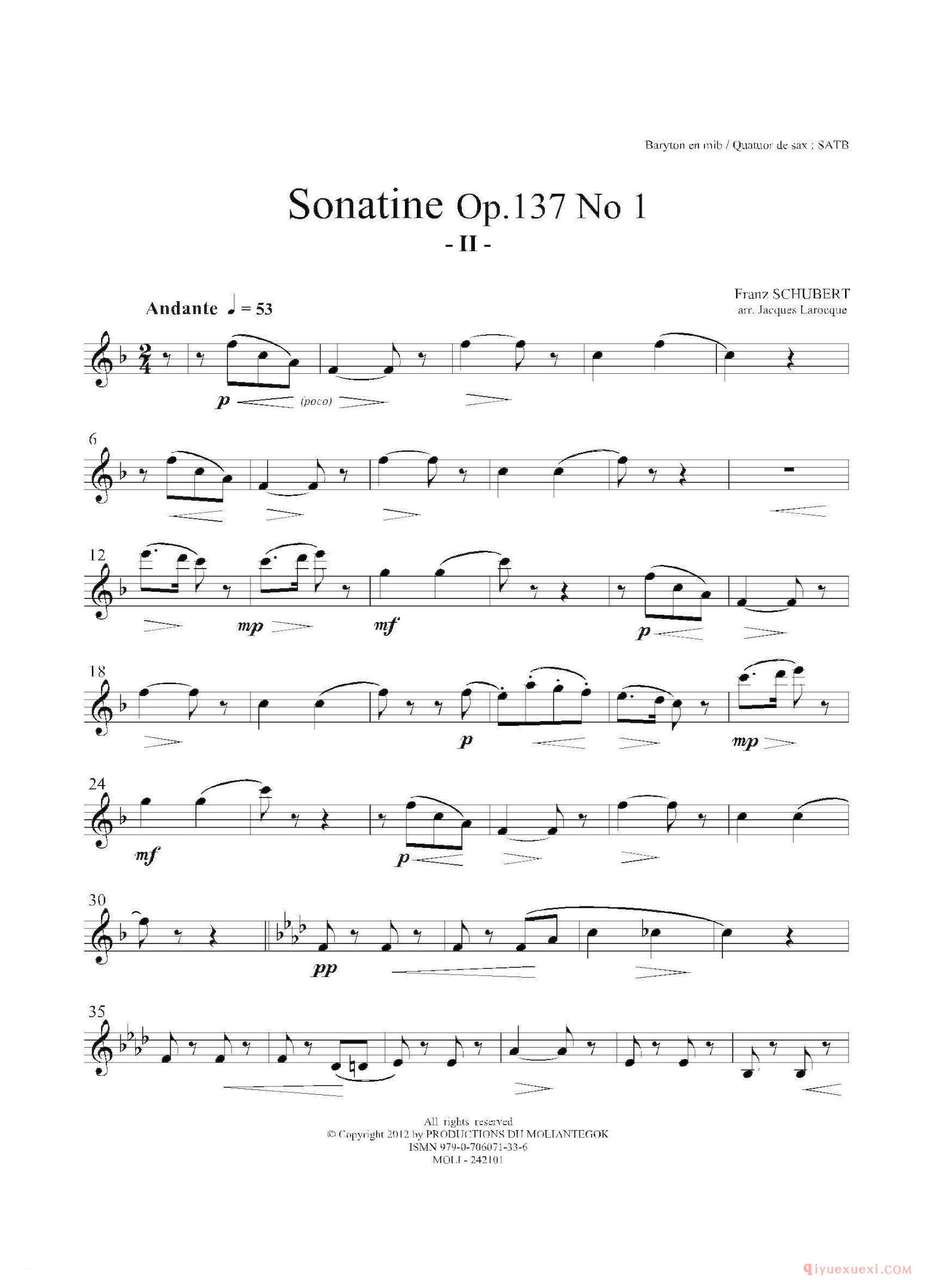 上低音萨克斯分谱[Sonatine Op.137 No 1]四重奏