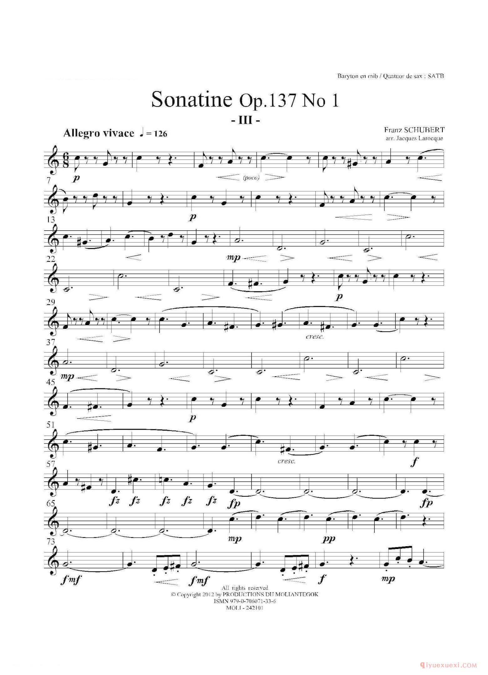 上低音萨克斯分谱[Sonatine Op.137 No 1]四重奏