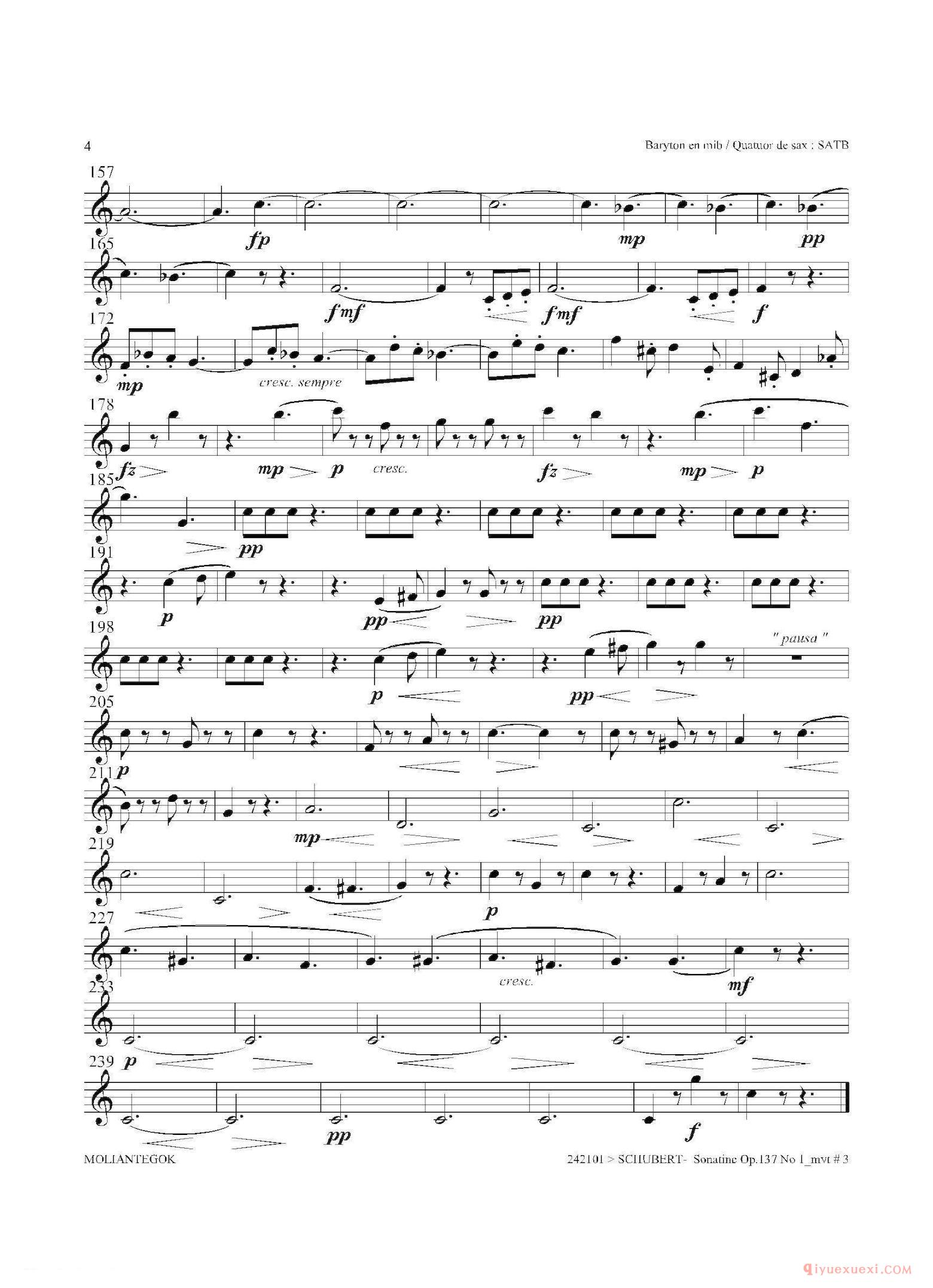 上低音萨克斯分谱[Sonatine Op.137 No 1]四重奏